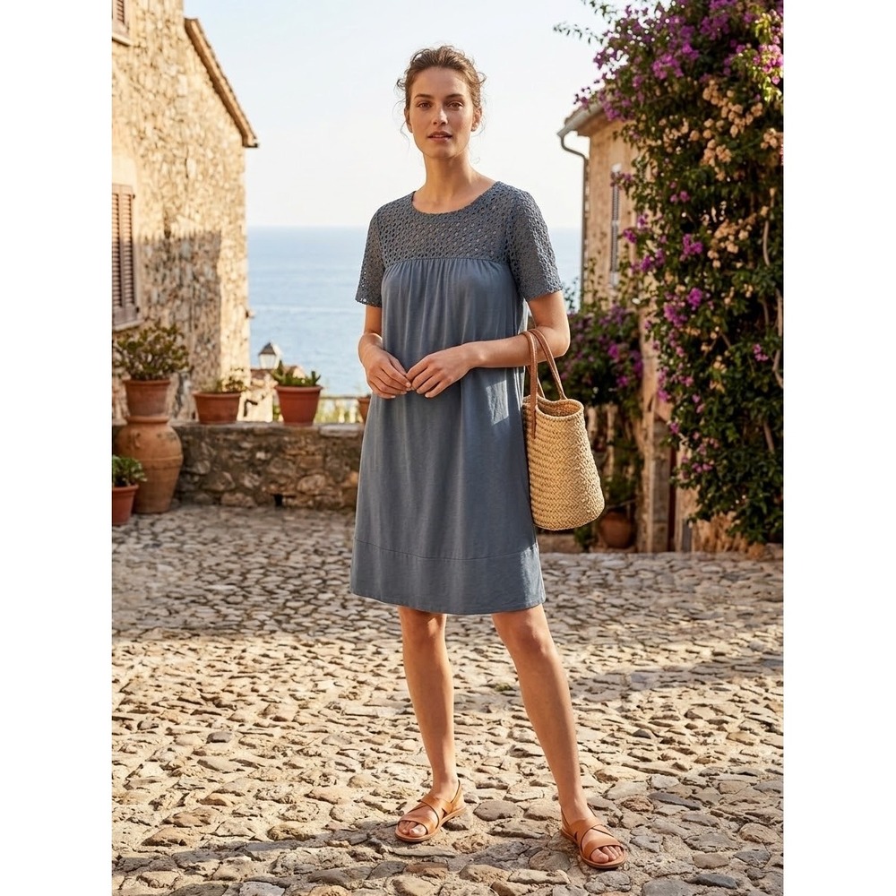 Weekend Max Mara Blue Eyelet Lace Yoke Cotton Modal Short Sleeve Dress M